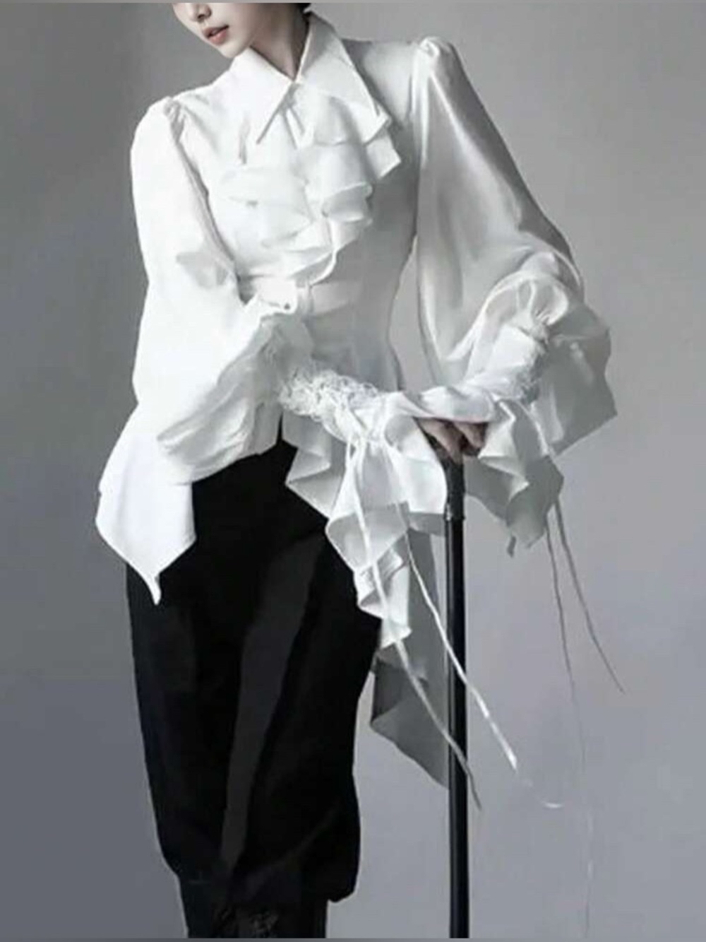Gothic Lolita White Asymmetric Ruffle Blouse.